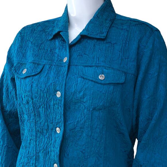 Chicos Womens Size 2 US 12 L Blue Button Front Jacket Textured Cotton Blend - Picture 2 of 15